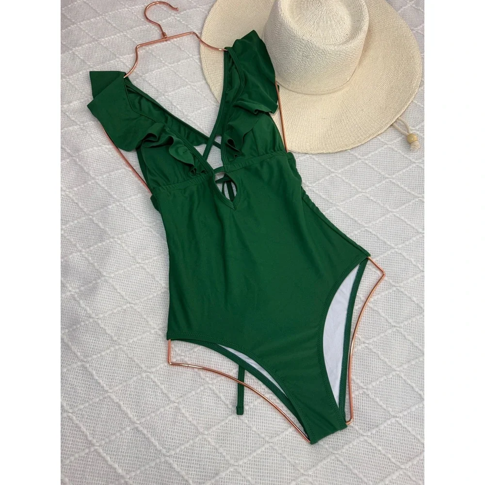 Cupshe Ruffle One Piece Swimsuit‎ Plunge Criss Cross Back Bathing Suit size XS